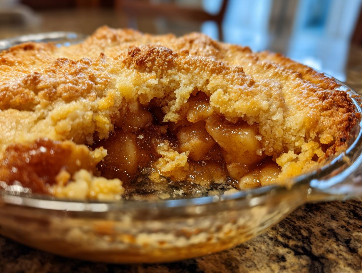 Close-up view showing the gooey, spiced filling and golden crust of a freshly baked apple cobbler.