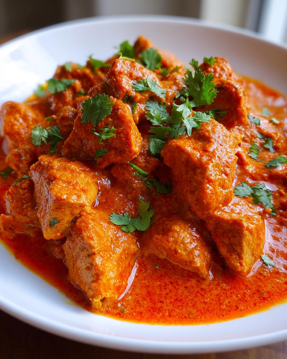 Close-up of tender chicken pieces coated in vibrant orange sauce, garnished with fresh cilantro, showcasing delicious butter chicken.