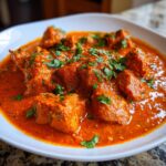 Close-up of tender chicken pieces coated in vibrant orange sauce, garnished with fresh cilantro, making a delicious butter chicken.