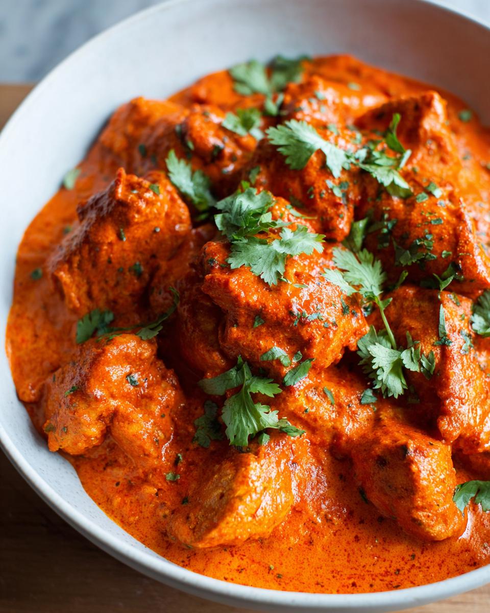 Close-up of tender chicken pieces swimming in a vibrant orange, creamy sauce, garnished with fresh cilantro, showcasing the butter chicken.