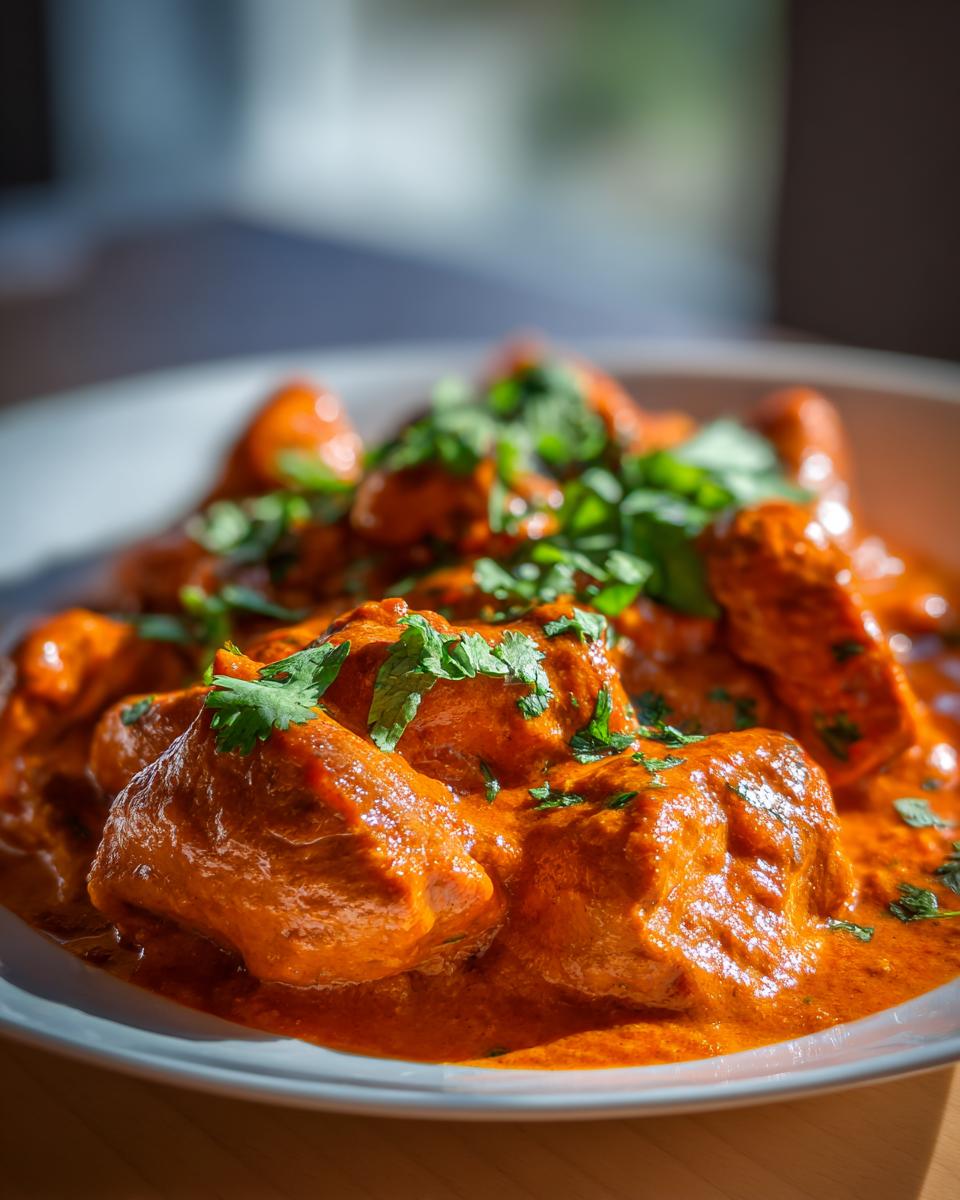 Close-up of tender chicken pieces coated in rich, orange-red sauce, garnished with fresh cilantro, representing delicious butter chicken.