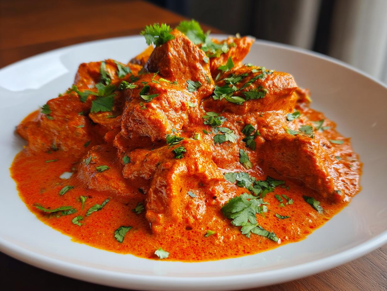 Close-up of rich, orange-red butter chicken pieces covered in creamy sauce and garnished with fresh cilantro.