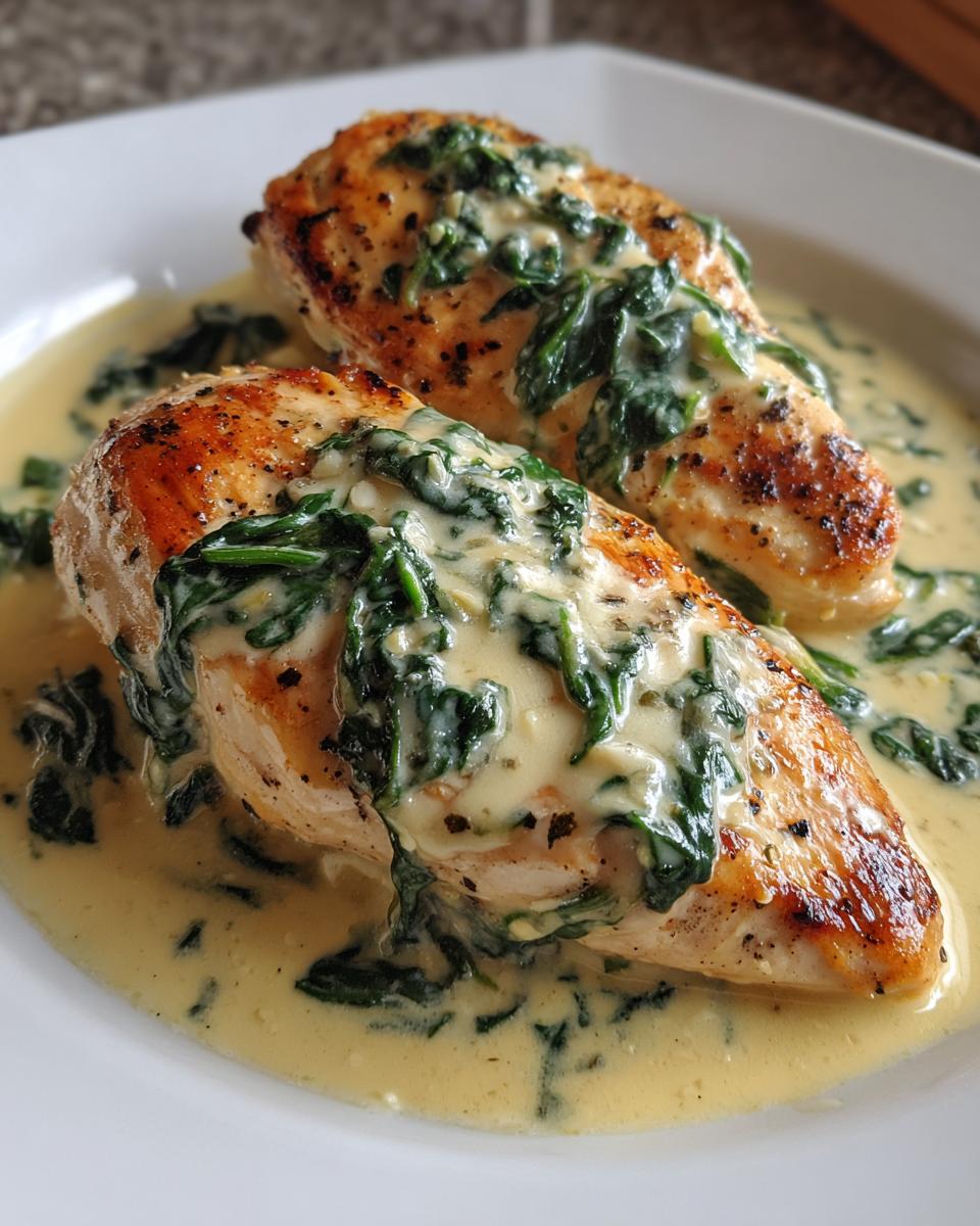 Two perfectly seared chicken breasts covered in a creamy sauce with wilted spinach, the signature Chicken Florentine.