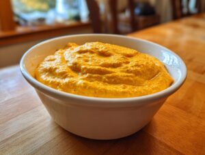 A close-up of vibrant orange cottage cheese queso dip served in a white bowl on a wooden table.