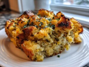 Close-up of a serving of golden brown, herb-topped stuffing on a white plate.