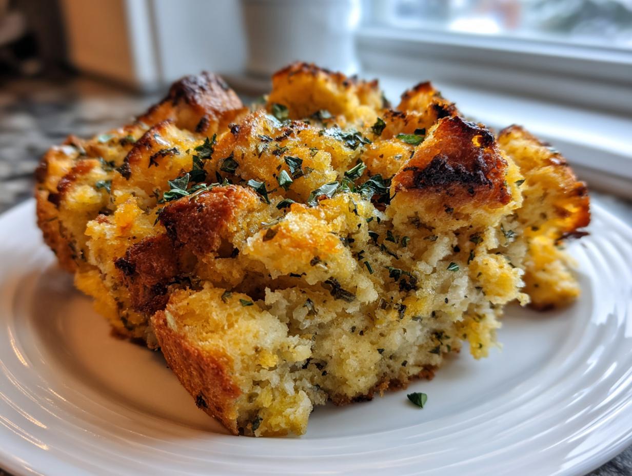 Close-up of a serving of golden brown, herb-topped stuffing on a white plate.