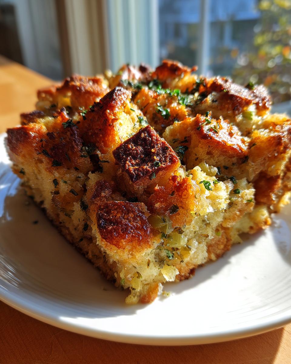 Close-up of a golden brown slice of savory stuffing with visible herbs and celery, served on a white plate.