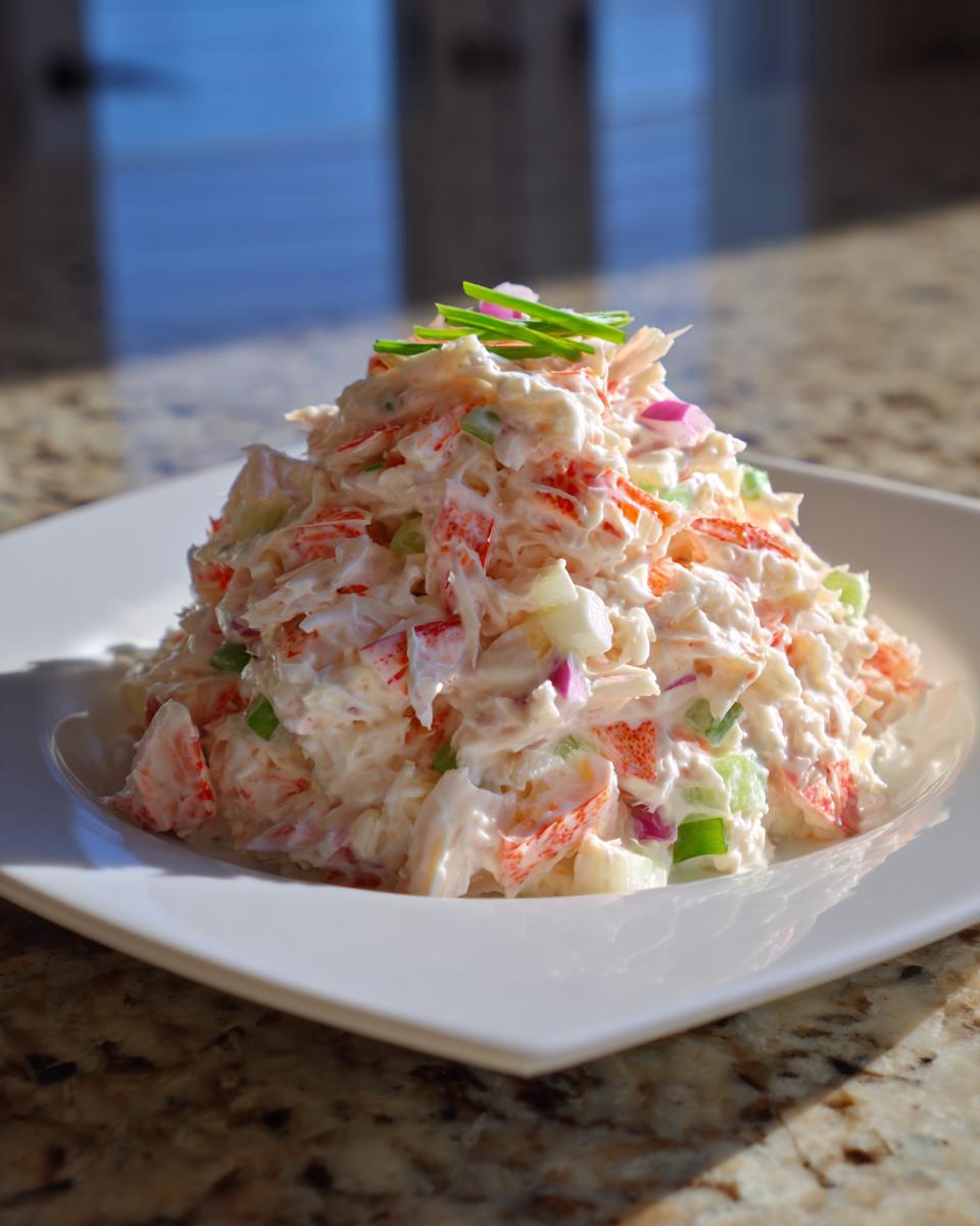 A generous mound of creamy crab salad mixed with red onion and celery, garnished with fresh chives.