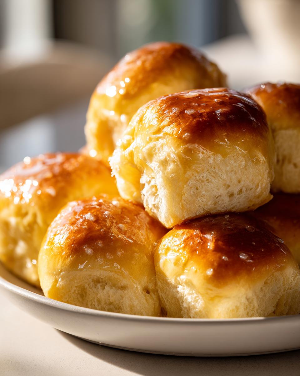 A stack of freshly baked, golden brown dinner rolls glistening with a sweet glaze, perfect for any meal.