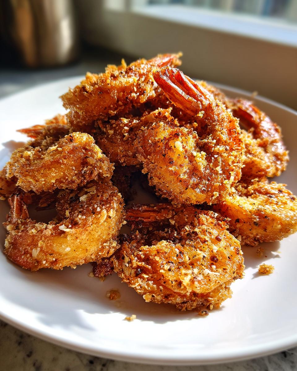 A close-up of a white plate piled high with golden brown, crunchy fried shrimp.