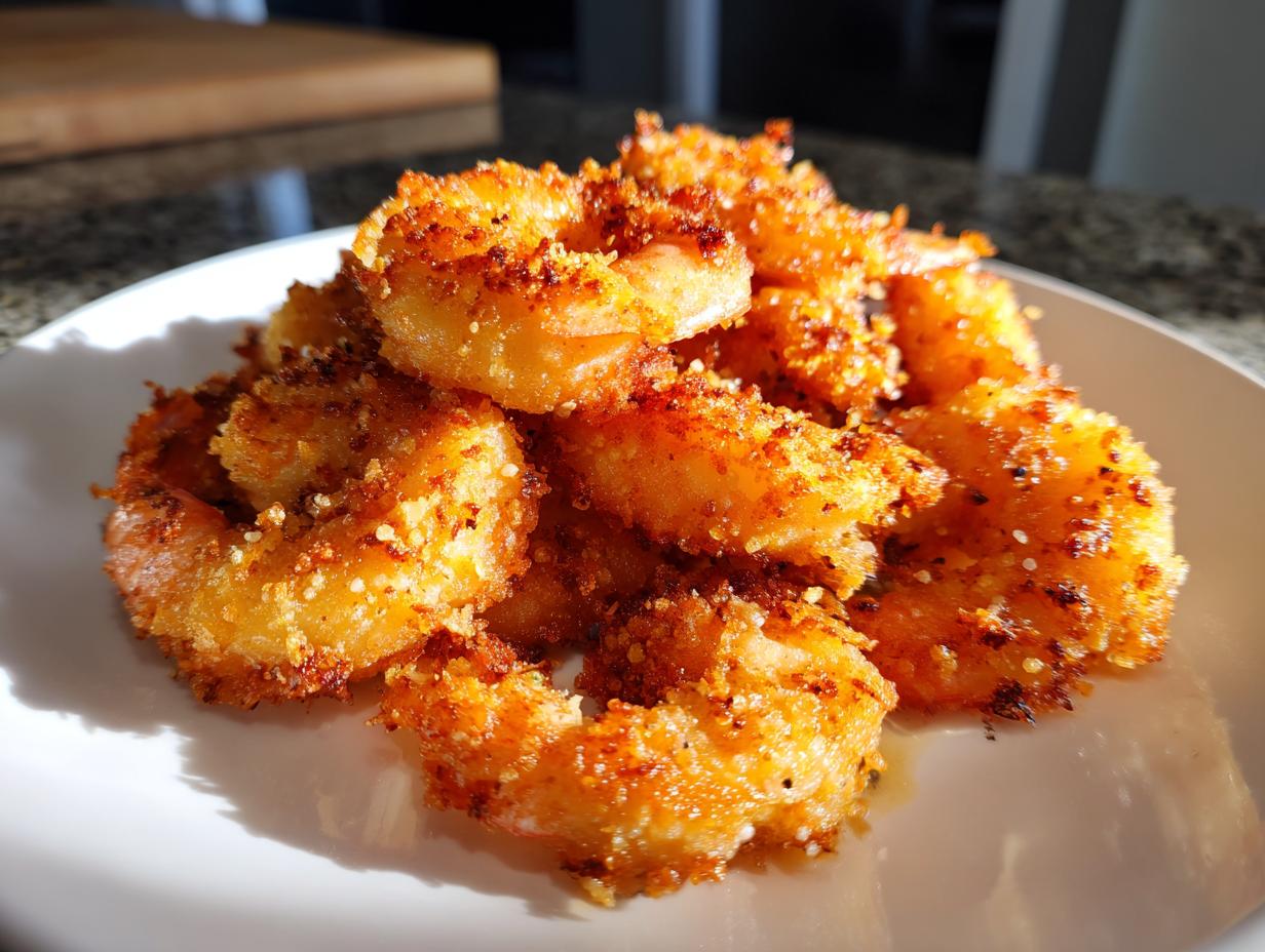 A close-up of golden brown, crispy fried shrimp piled on a white plate, highlighting the crunchy coating.