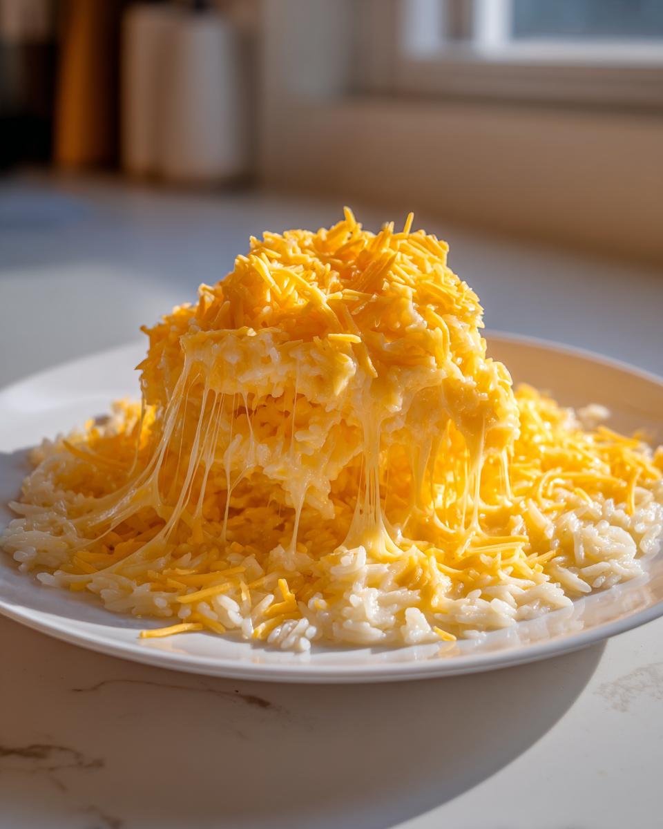 A mound of white rice smothered in melted and shredded cheddar cheese, showing a dramatic cheese pull of our amazing 30-minute cheesy rice.