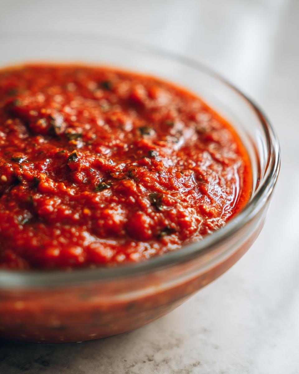Close-up of thick, vibrant red pizza sauce seasoned with herbs in a clear glass bowl.