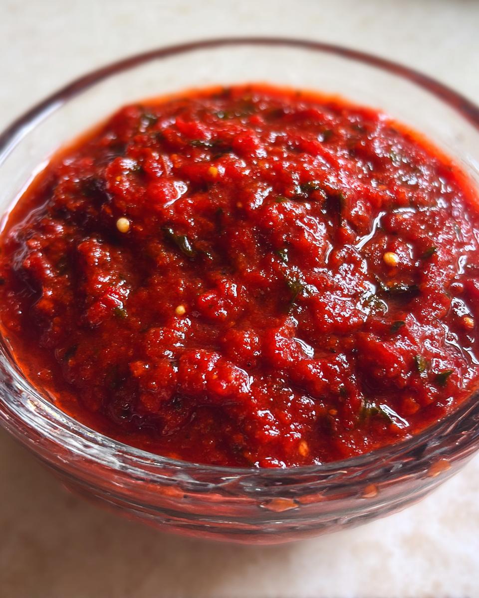 A thick, rich, vibrant red homemade pizza sauce flecked with herbs and seeds, presented in a clear glass bowl.