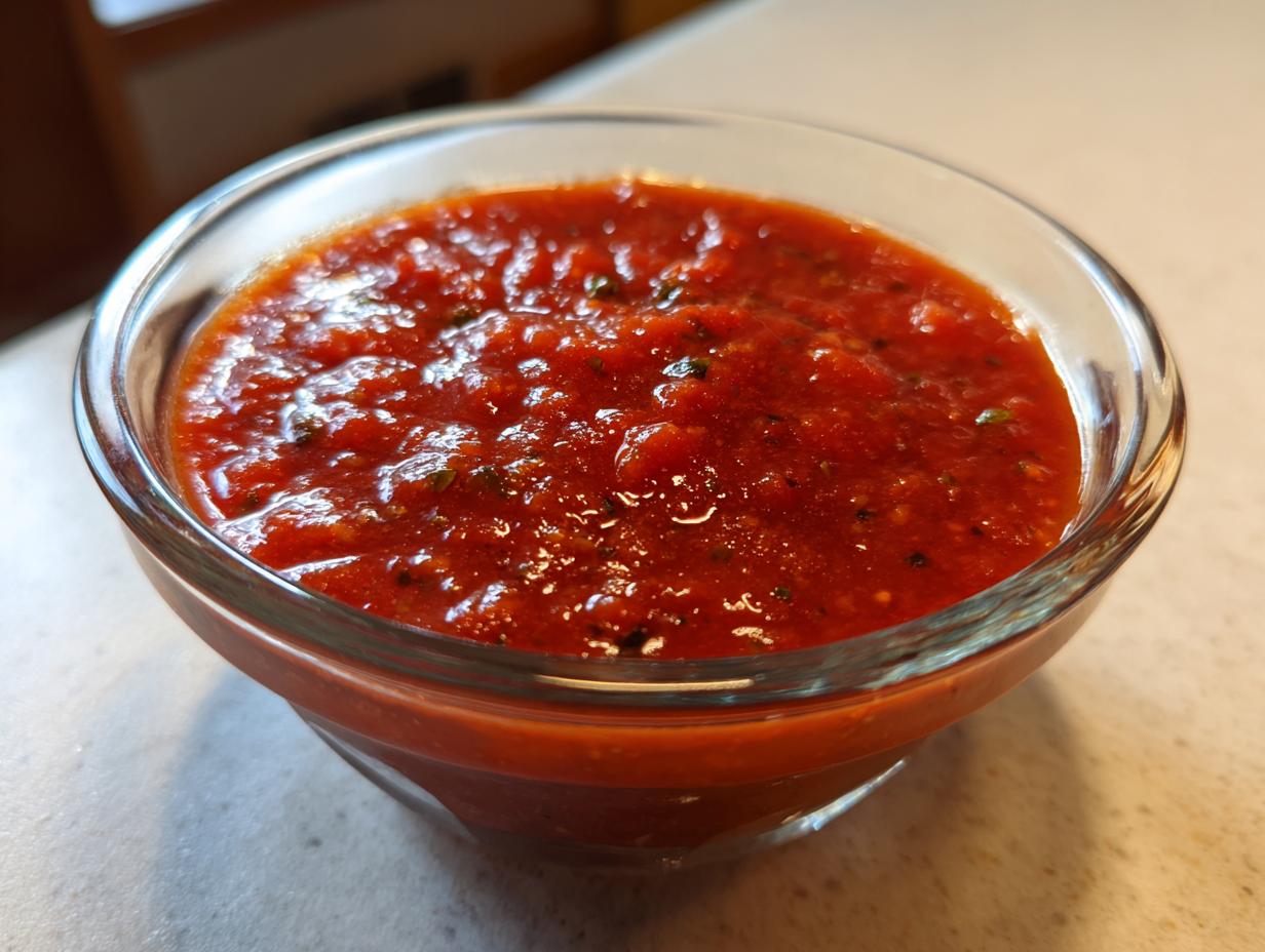 Close-up of rich, red, homemade pizza sauce seasoned with herbs in a clear glass bowl.