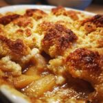 Close-up of a freshly baked apple cobbler showing bubbling spiced apples beneath a golden, crusty topping.