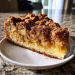 A close-up shot of a moist slice of apple coffee cake featuring chunks of baked apple and a thick, sugary cinnamon crumb topping.