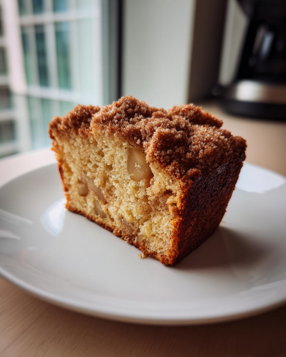 Close-up of a square slice of amazing apple coffee cake featuring visible apple chunks and a thick cinnamon streusel topping.