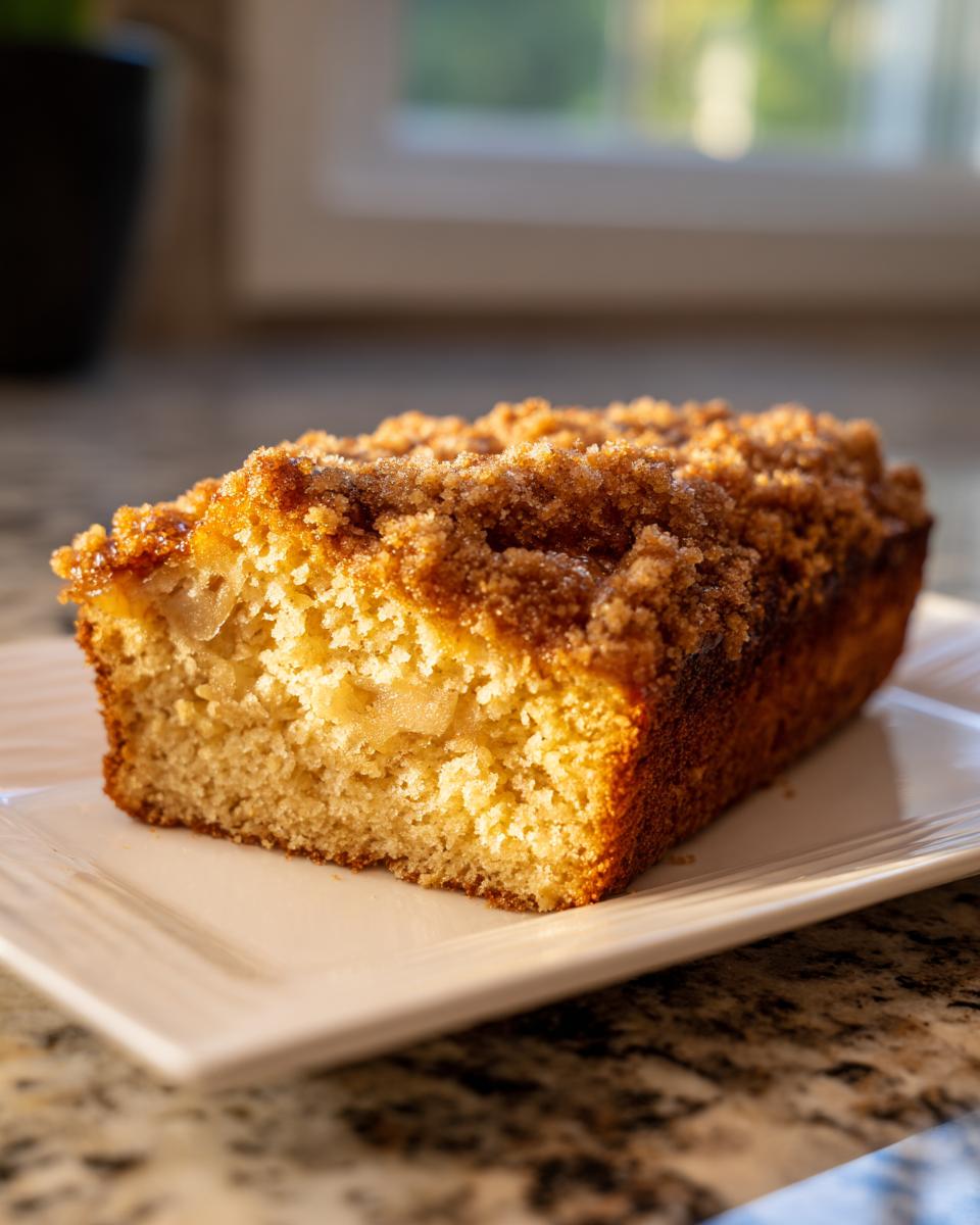 A close-up of a moist slice of apple coffee cake featuring visible apple chunks and a thick, sugary cinnamon crumb topping.