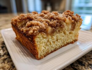 Close-up of a moist slice of apple coffee cake featuring a thick, sugary cinnamon crumb topping.