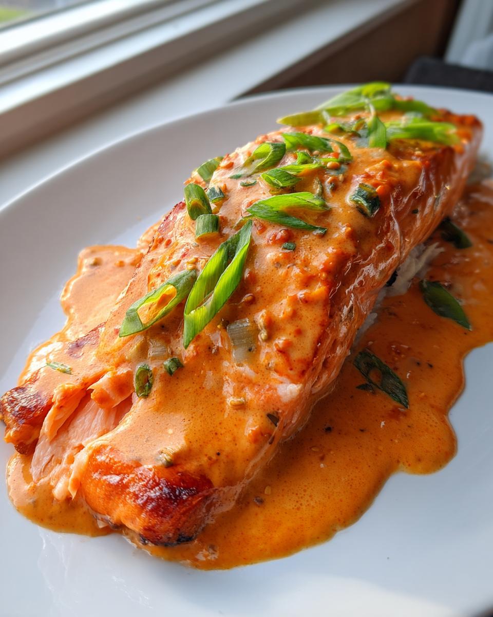 Close-up of a perfectly cooked fillet of bang bang salmon covered in a rich, orange, creamy sauce and topped with sliced green onions.