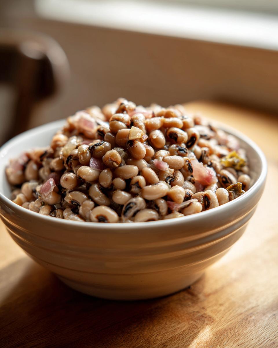 Close-up of a white bowl filled with an amazing black eyed peas recipe, mixed with pieces of red onion and bacon.