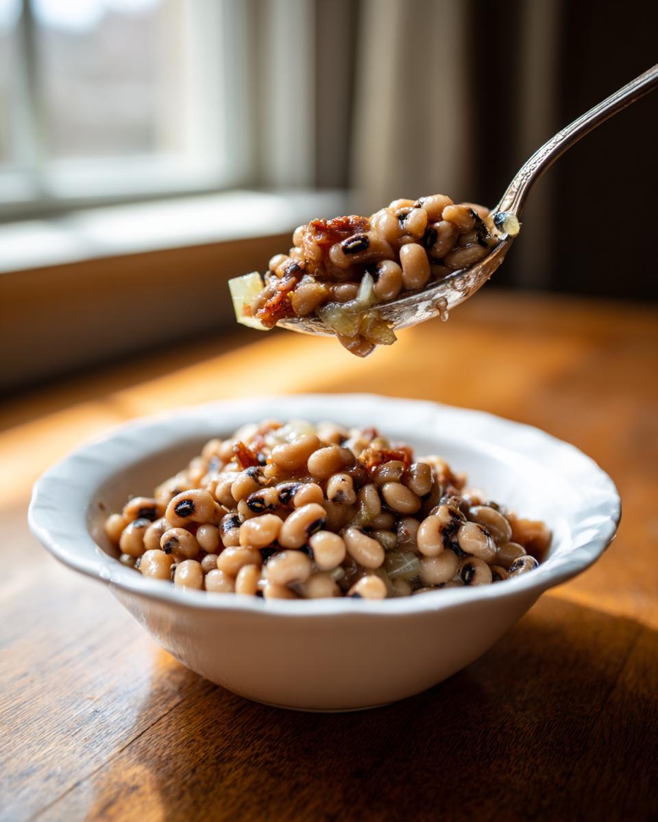 A spoonful of cooked black eyed peas recipe being lifted above a white bowl filled with the seasoned beans.