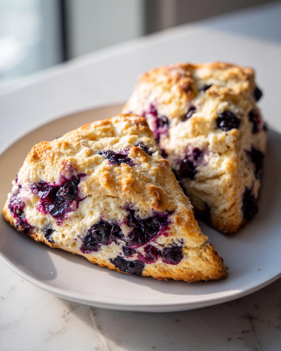 Two freshly baked, golden-brown blueberry scones loaded with dark purple fruit, resting on a light gray plate.
