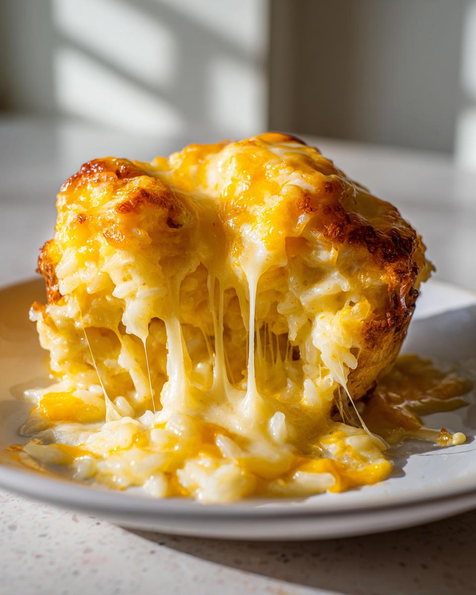 A serving of baked cheesy rice with a dramatic, gooey cheese pull cascading down the sides.