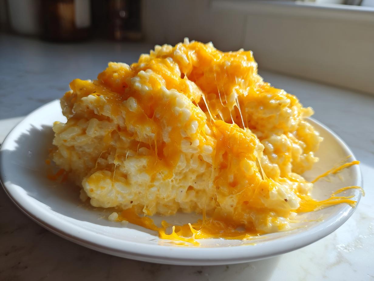 A serving of creamy, white cheesy rice topped generously with melted, stringy orange cheddar cheese.