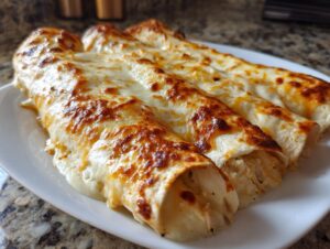 Four freshly baked chicken enchiladas covered in melted, bubbly, and slightly browned cheese on a white plate.