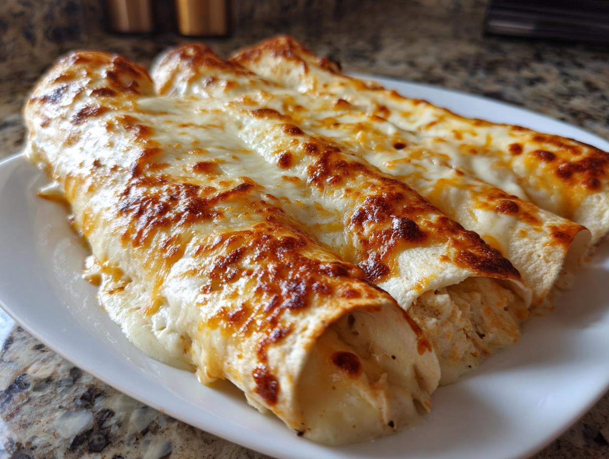 Four freshly baked chicken enchiladas covered in melted, bubbly, and slightly browned cheese on a white plate.