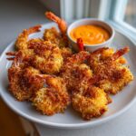 A plate of perfectly golden brown, crispy coconut shrimp served with a small bowl of bright orange dipping sauce.