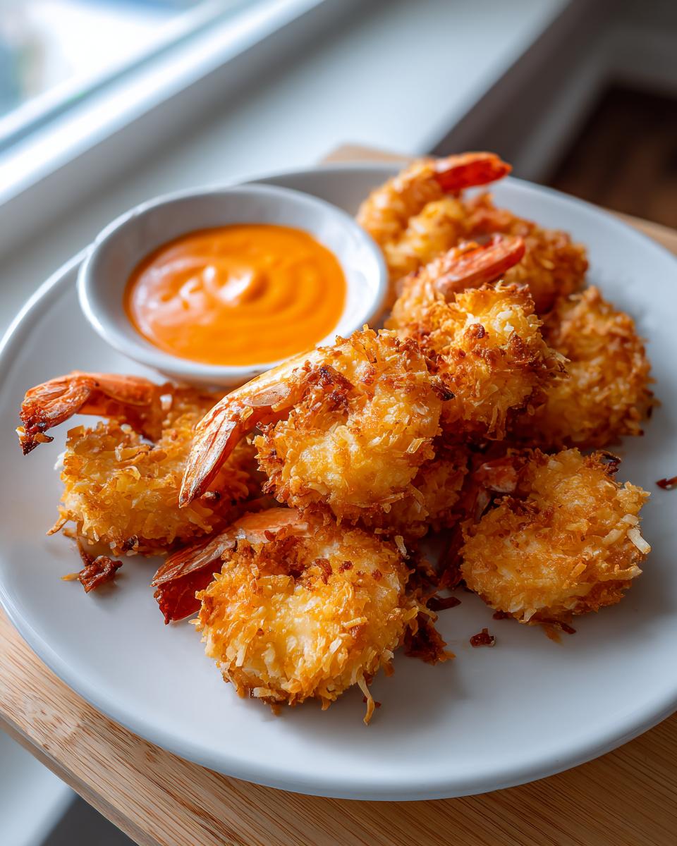 A plate of perfectly golden, crispy coconut shrimp served with a small bowl of bright orange dipping sauce.