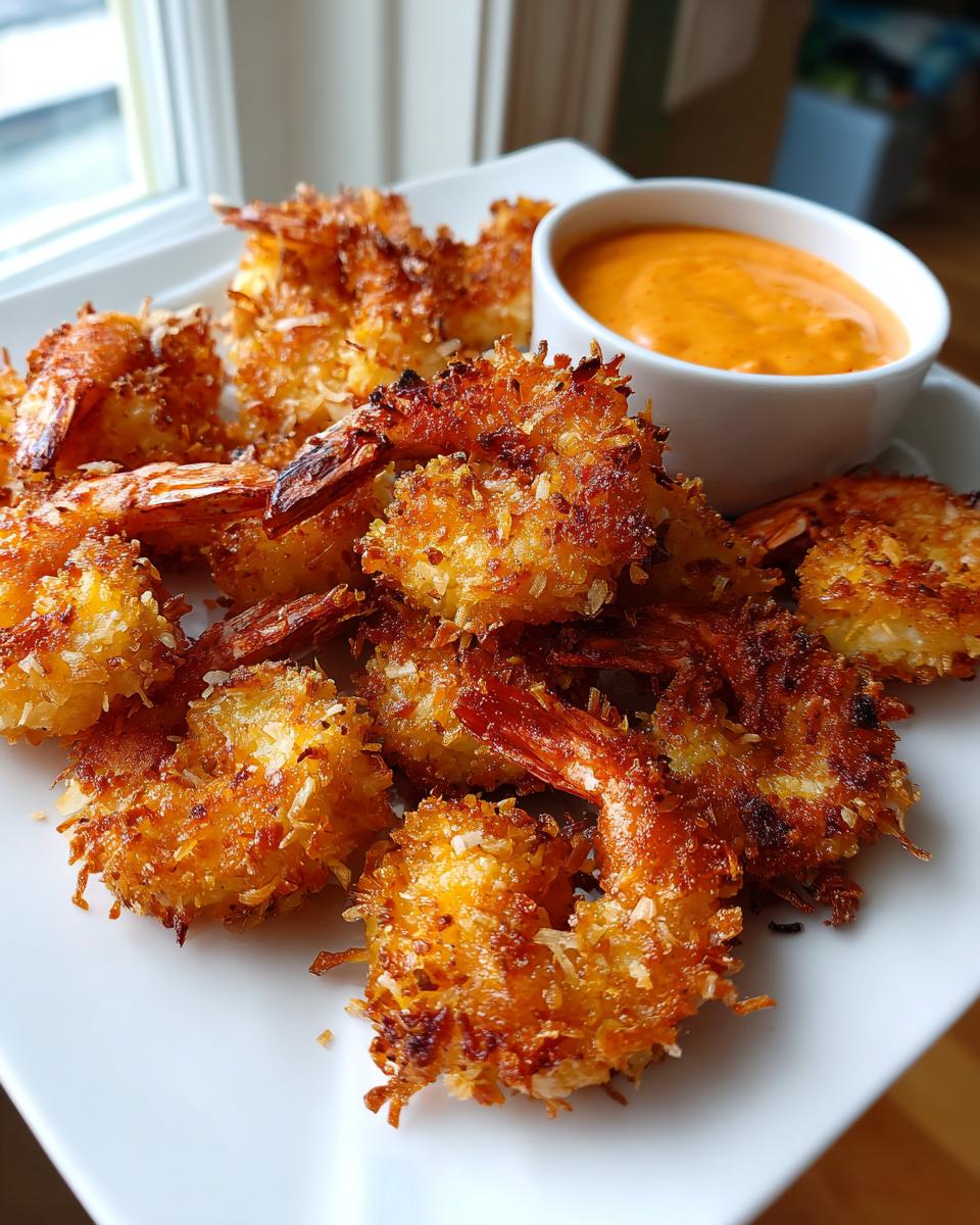 A plate of perfectly fried, crispy coconut shrimp served with a small bowl of orange dipping sauce.