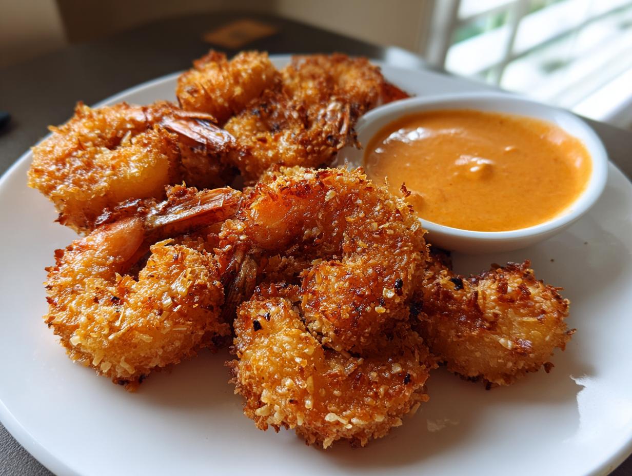 A plate of golden brown, crispy coconut shrimp served with a side of orange dipping sauce.