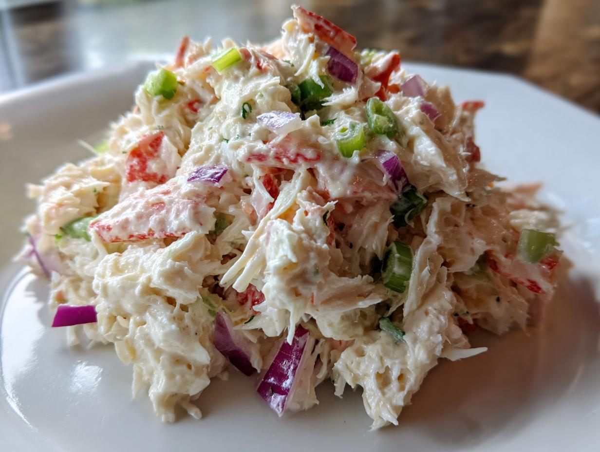 A mound of creamy crab salad mixed with visible chunks of red onion and green onion served on a white plate.
