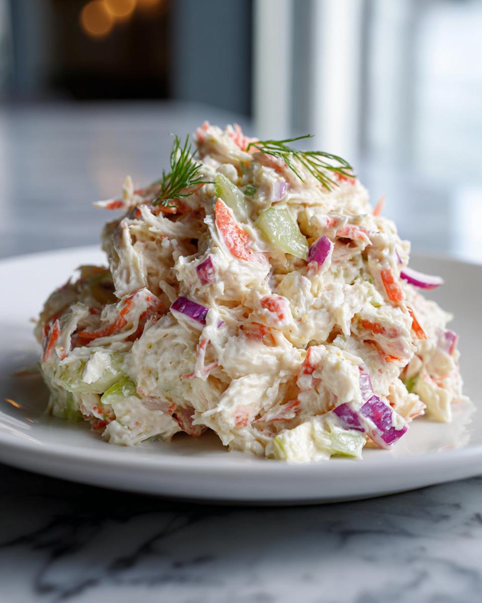 A mound of creamy crab salad mixed with celery, red onion, and carrots, garnished with fresh dill on a white plate.