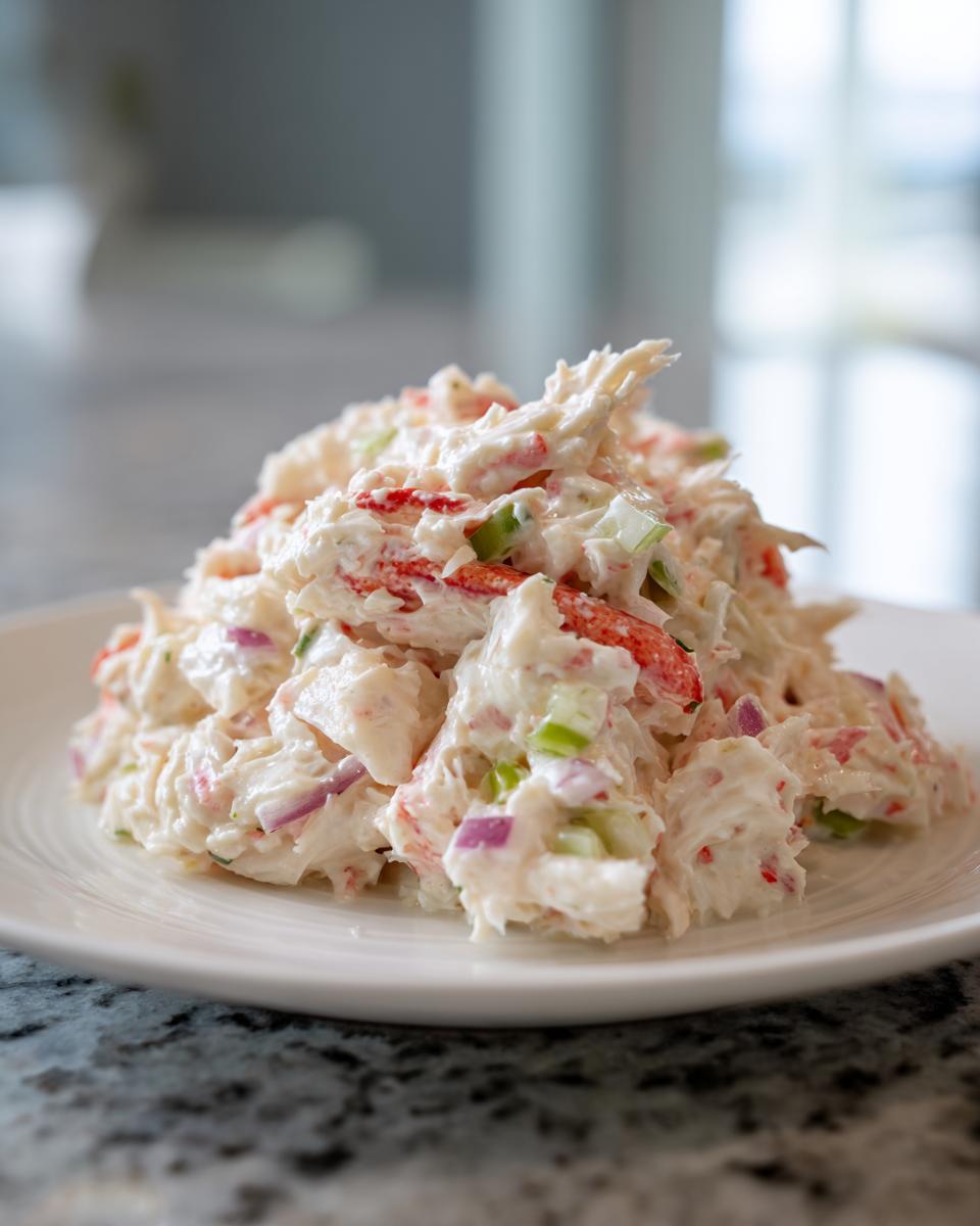 A mound of creamy, fresh crab salad featuring shredded imitation crab, celery, and red onion, served on a white plate.