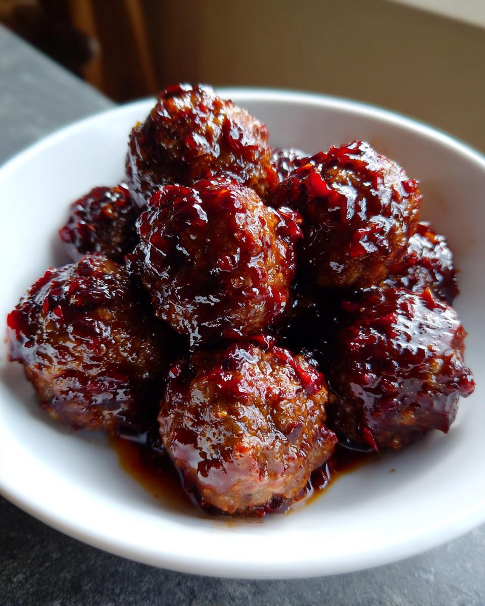Close-up of several glossy, glazed cranberry meatballs piled high in a small white serving bowl.