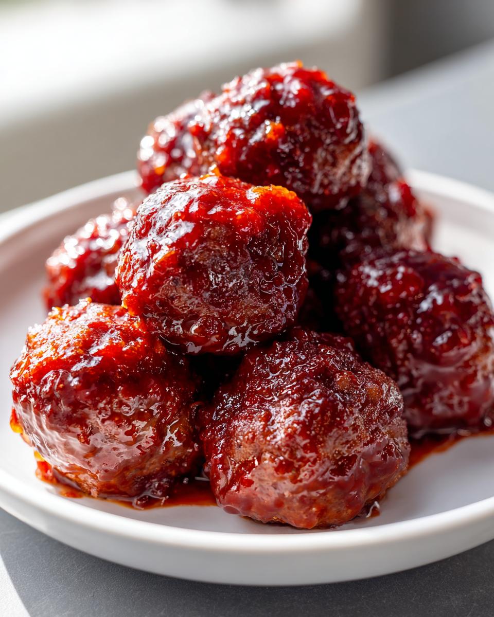 Close-up of several glossy, saucy cranberry meatballs piled high on a white serving dish.