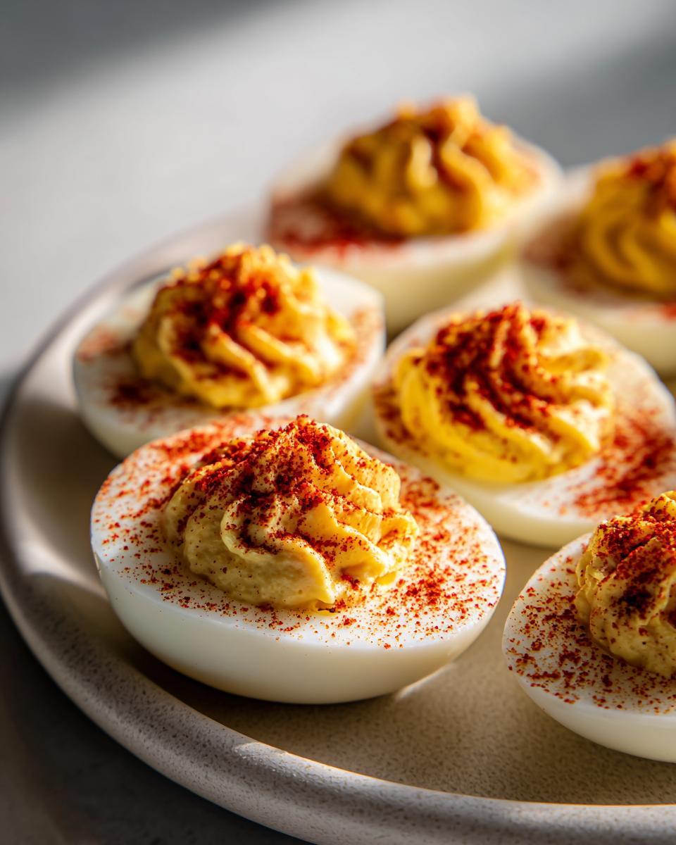 Close-up of several perfectly piped deviled eggs sprinkled generously with paprika on a light plate.