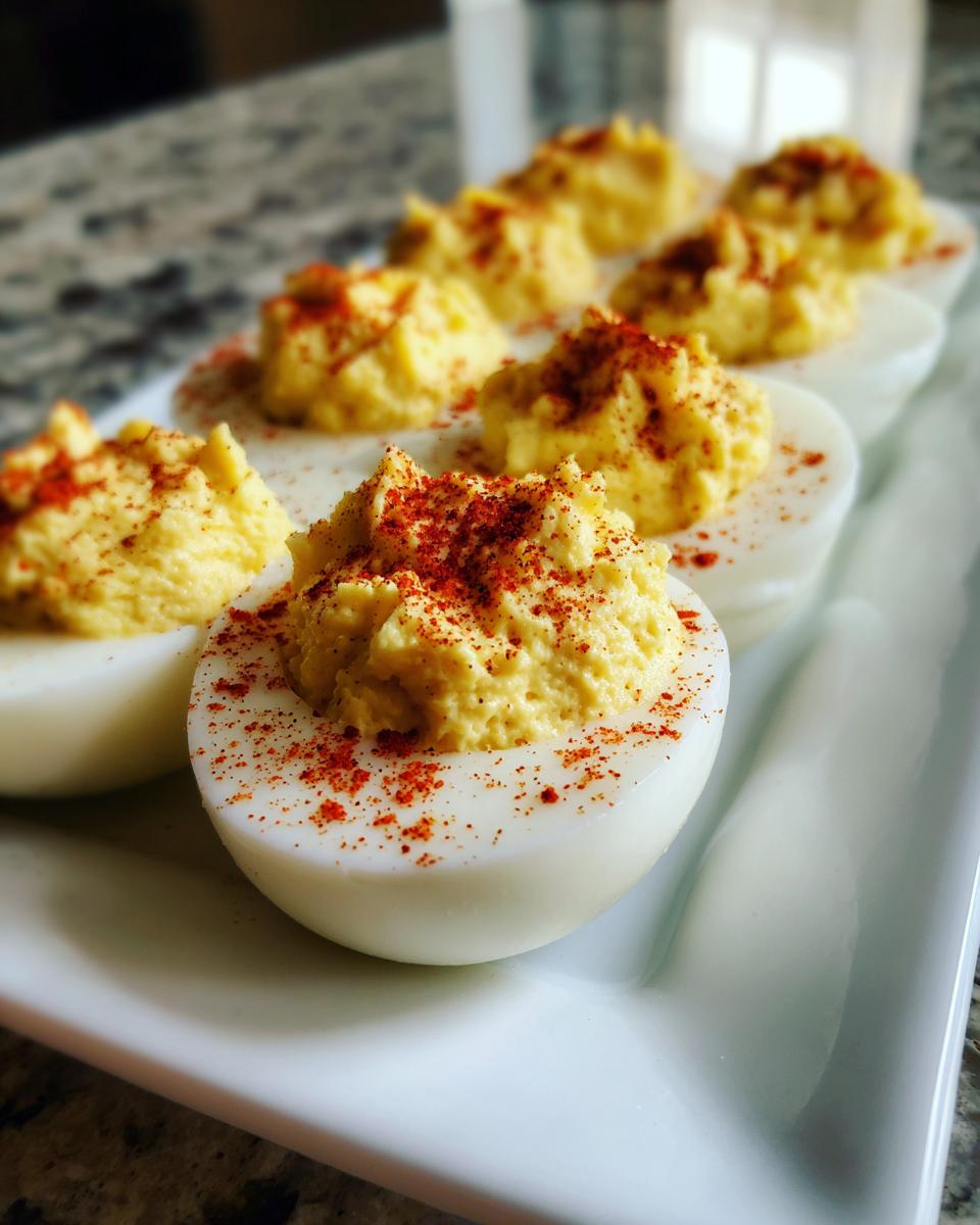 A row of classic deviled eggs, filled with creamy yolk mixture and sprinkled generously with paprika.