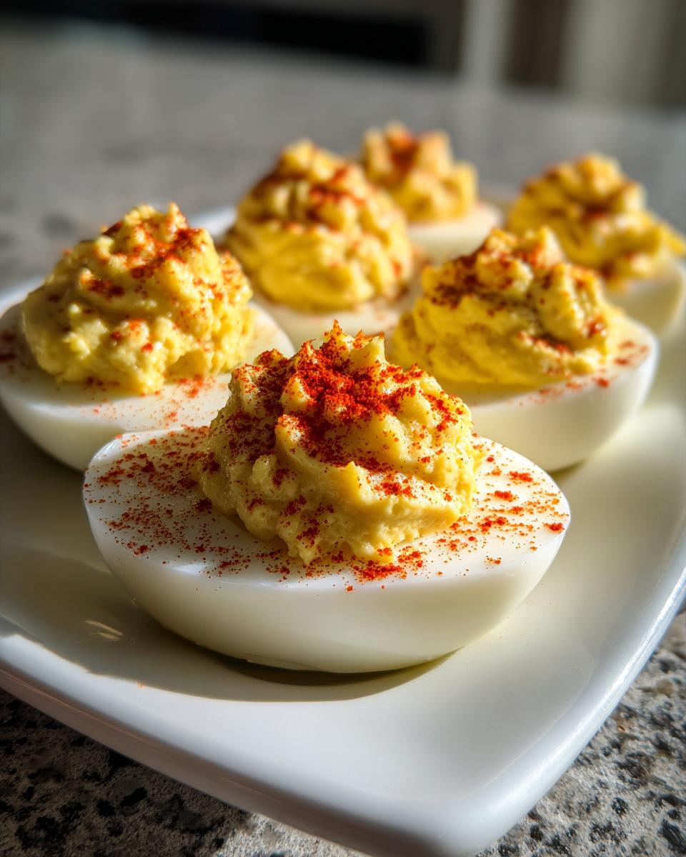 A close-up of several perfectly made deviled eggs, piped high with creamy filling and sprinkled with bright red paprika.