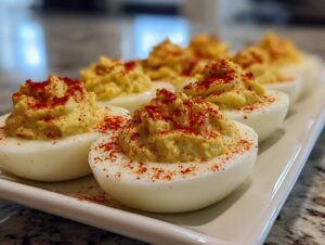 A close-up of several perfectly prepared deviled eggs, piped high with filling and dusted with paprika.