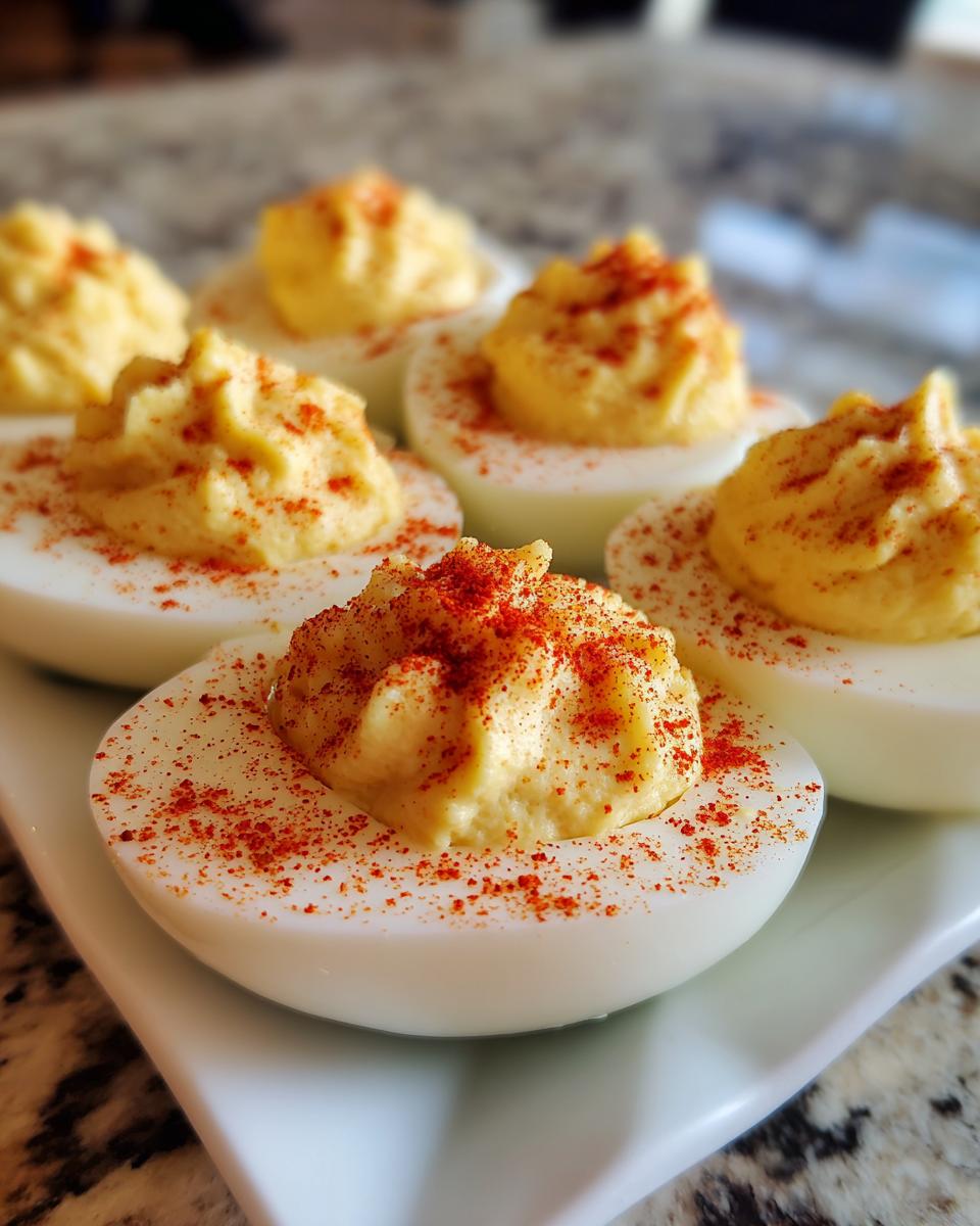 Close-up of several finished deviled eggs, piped high with creamy filling and sprinkled with paprika.