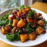A close-up of an Amazing Fall Harvest Salad featuring roasted butternut squash cubes, kale, pecans, and dried cranberries.