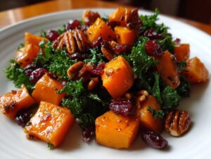 Close-up of a vibrant Fall Harvest Salad featuring roasted orange squash cubes, dark green kale, pecans, and dried cranberries.