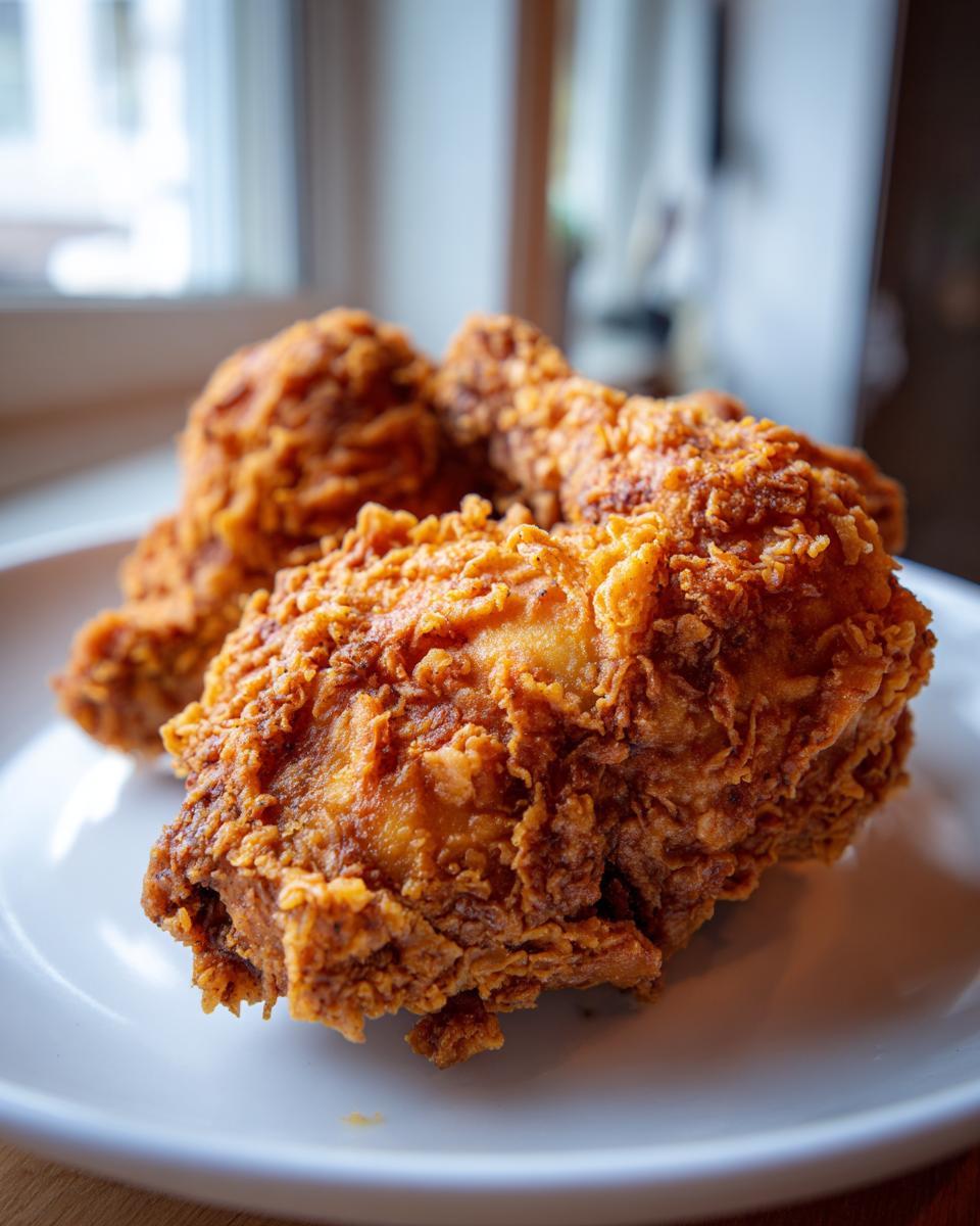 Close-up of several pieces of perfectly cooked, crispy fried chicken resting on a white plate.