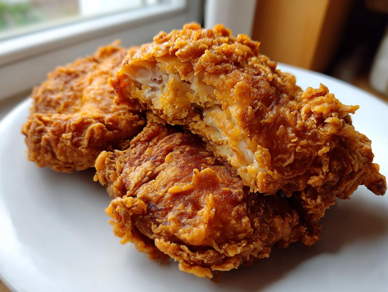 Close-up of three pieces of golden brown, crispy fried chicken on a white plate, one piece broken open showing juicy white meat.